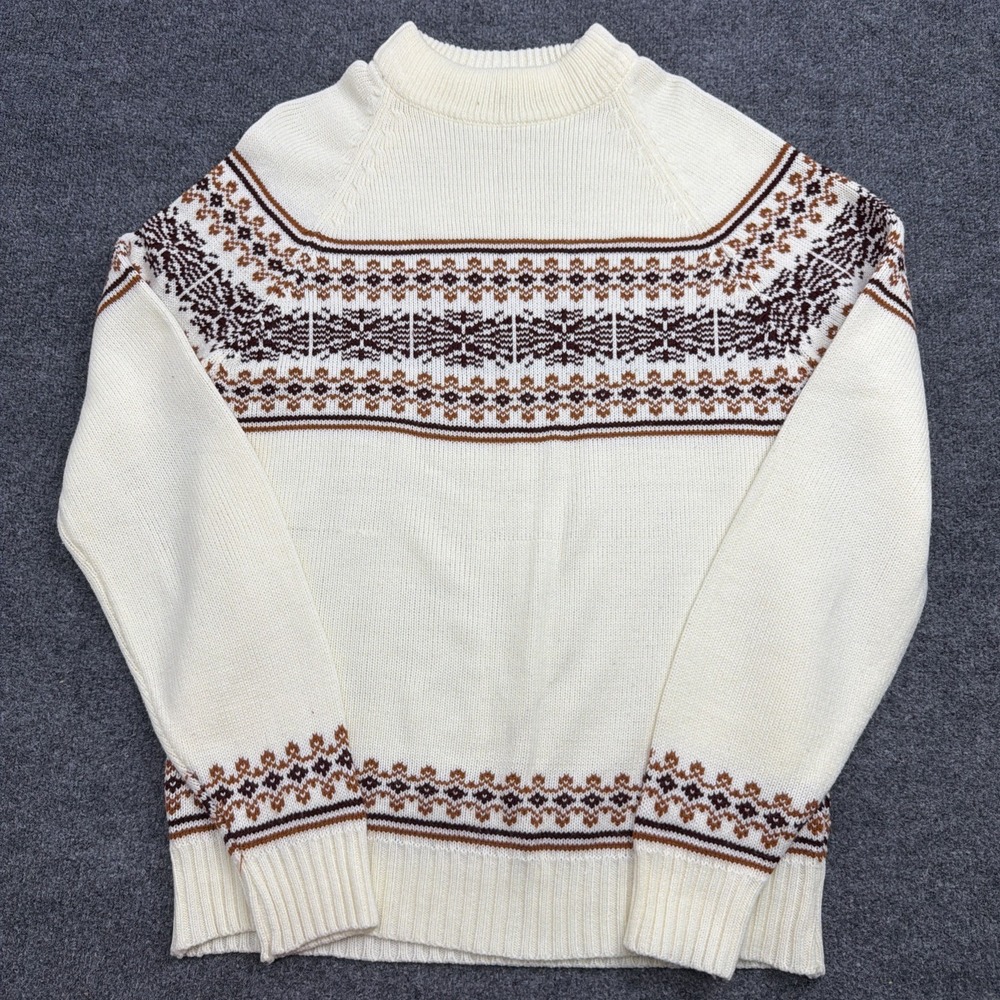 VTG 70s Kingsport Mens Large Fair Isle Nordic Mock Neck Knit Sweater‎ White L